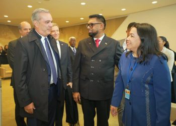 Mandatarios de República Dominicana y Guyana, Luis Abinader e Irfaan Ali, respectivamente, junto a representantes de ambas naciones. - Fuente externa.