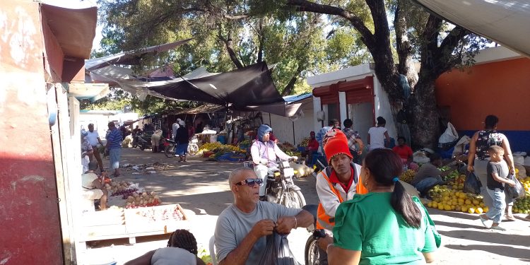 Un comerciante amarra la funda de una compradora en el mercado de Barahona. | Karla Alcántara.