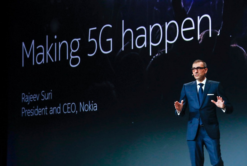 rajeev suri, nokia's president and chief executive officer, speaks during the mobile world congress in barcelona